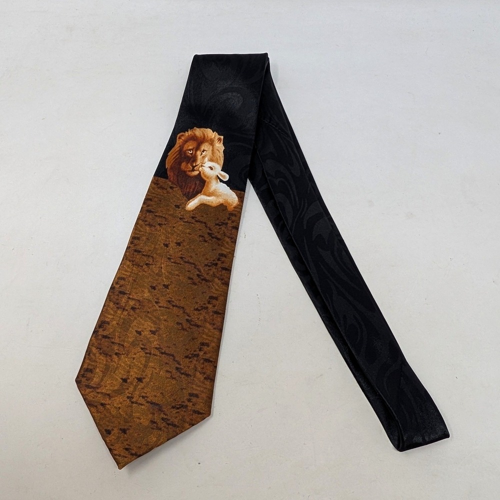Steven Harris Lion and Lamb Religious Graphic Necktie Black Brown Handmade